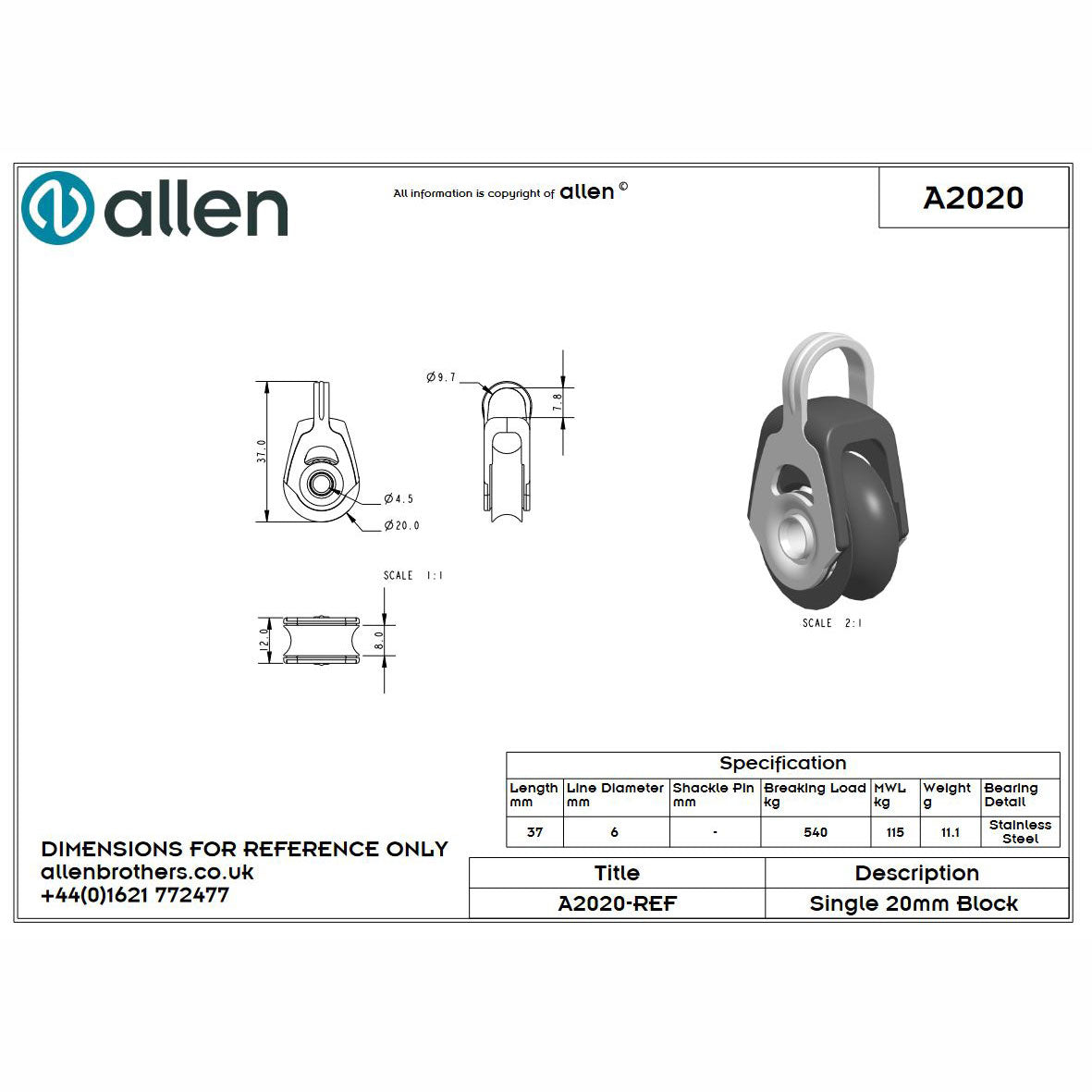 Allen 20mm Dynamic Block mit Auge-aquaequip.de