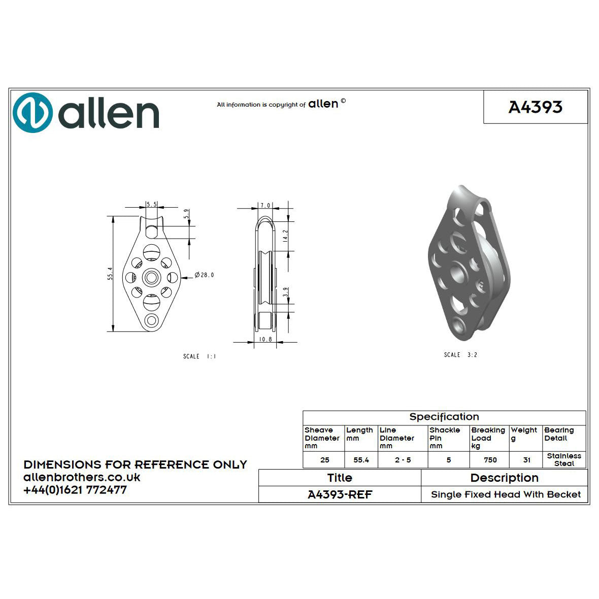 Allen 25mm Hochlastblock, 1-scheibig, mit Hundsfott