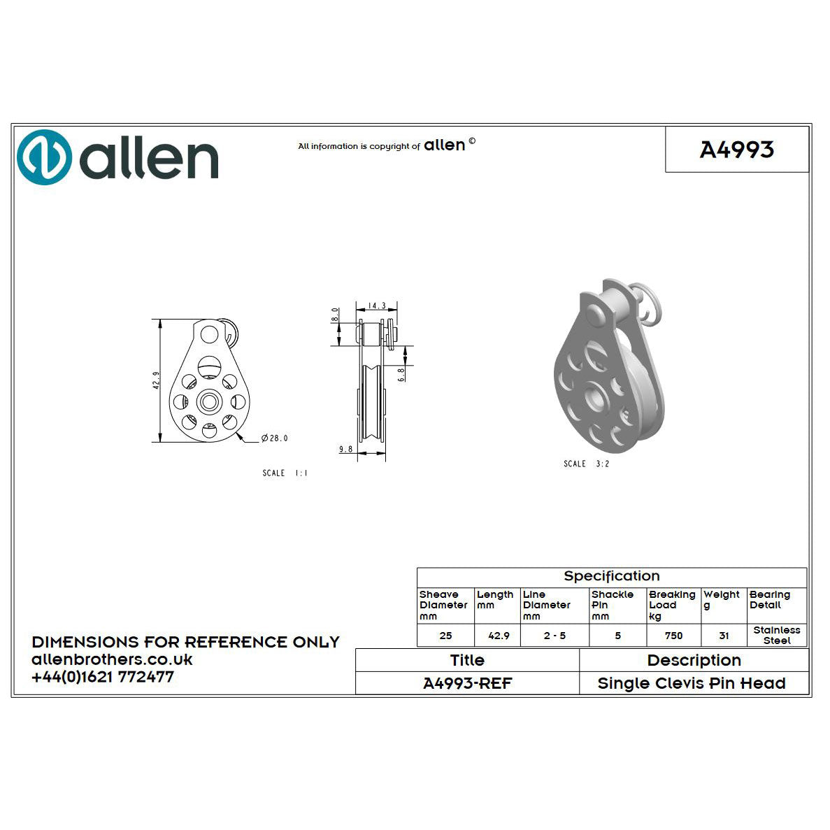 Allen 25mm Hochlastblock, 1-scheibig, mit Steckbolzen