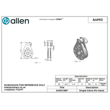 Allen 25mm Hochlastblock, 1-scheibig, mit Steckbolzen