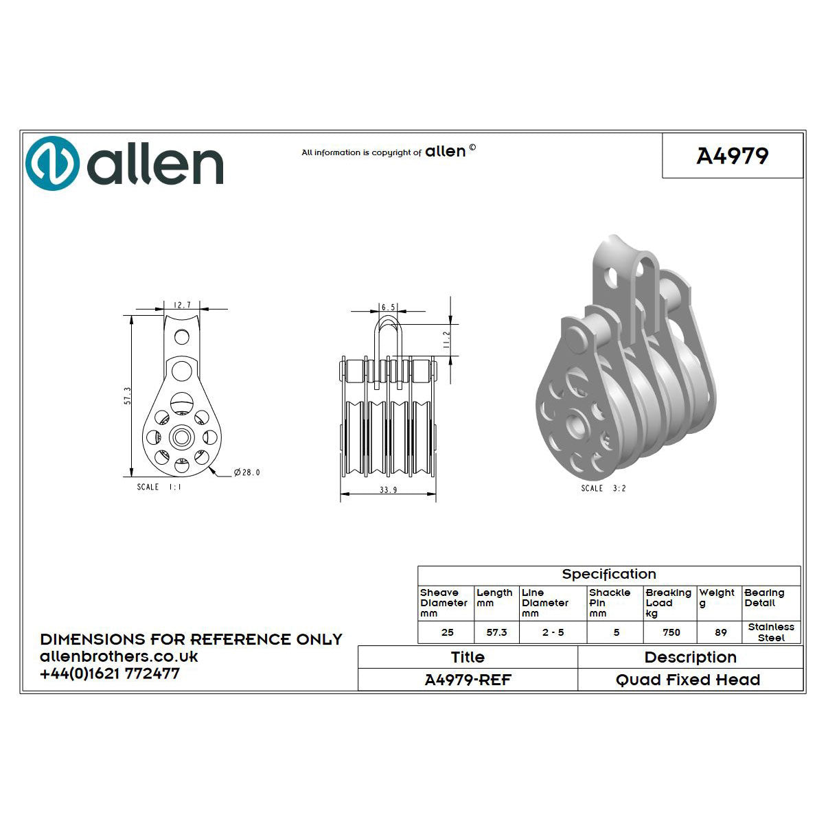 Allen 25mm Hochlastblock, 4-scheibig