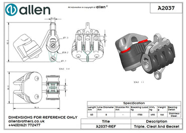 Allen 30mm Block, 3-scheibig, mit Curryklemme und Hundsfott