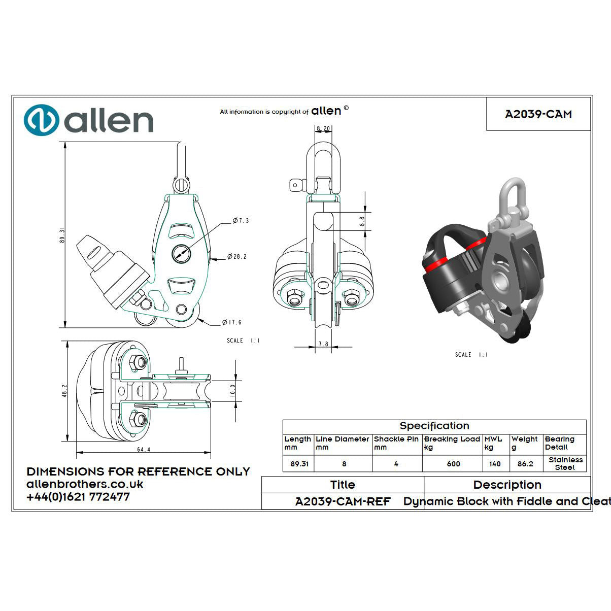 Allen 30mm Violinblock, 1-scheibig, mit Curryklemme