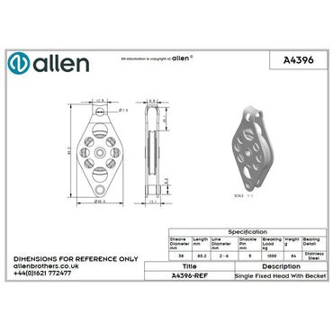 Allen 38mm Hochlastblock, 1-scheibig, mit Hundsfott