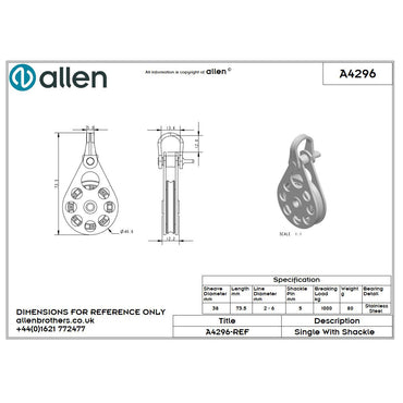 Allen 38mm Hochlastblock, 1-scheibig, mit Schäkel