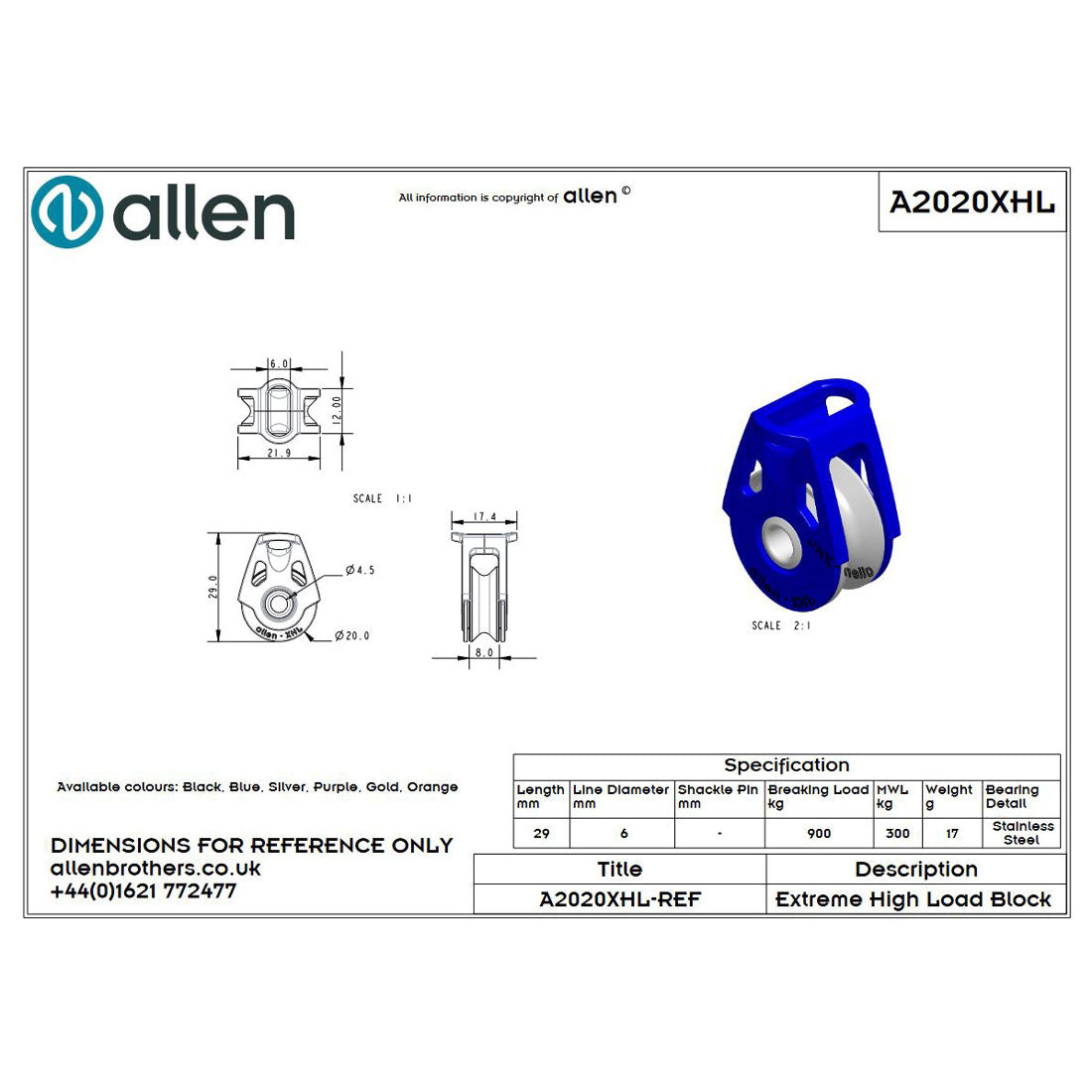 Allen 20mm Hochlastblock, 1-scheibig-aquaequip.de