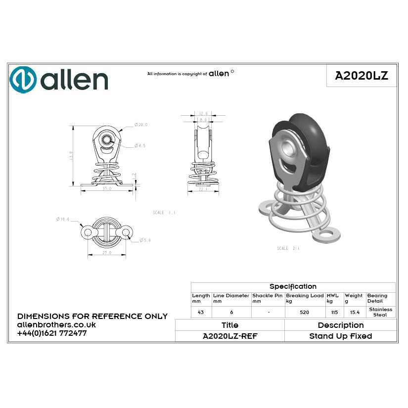 Allen 20mm Stehblock, 1-scheibig, mit Feder