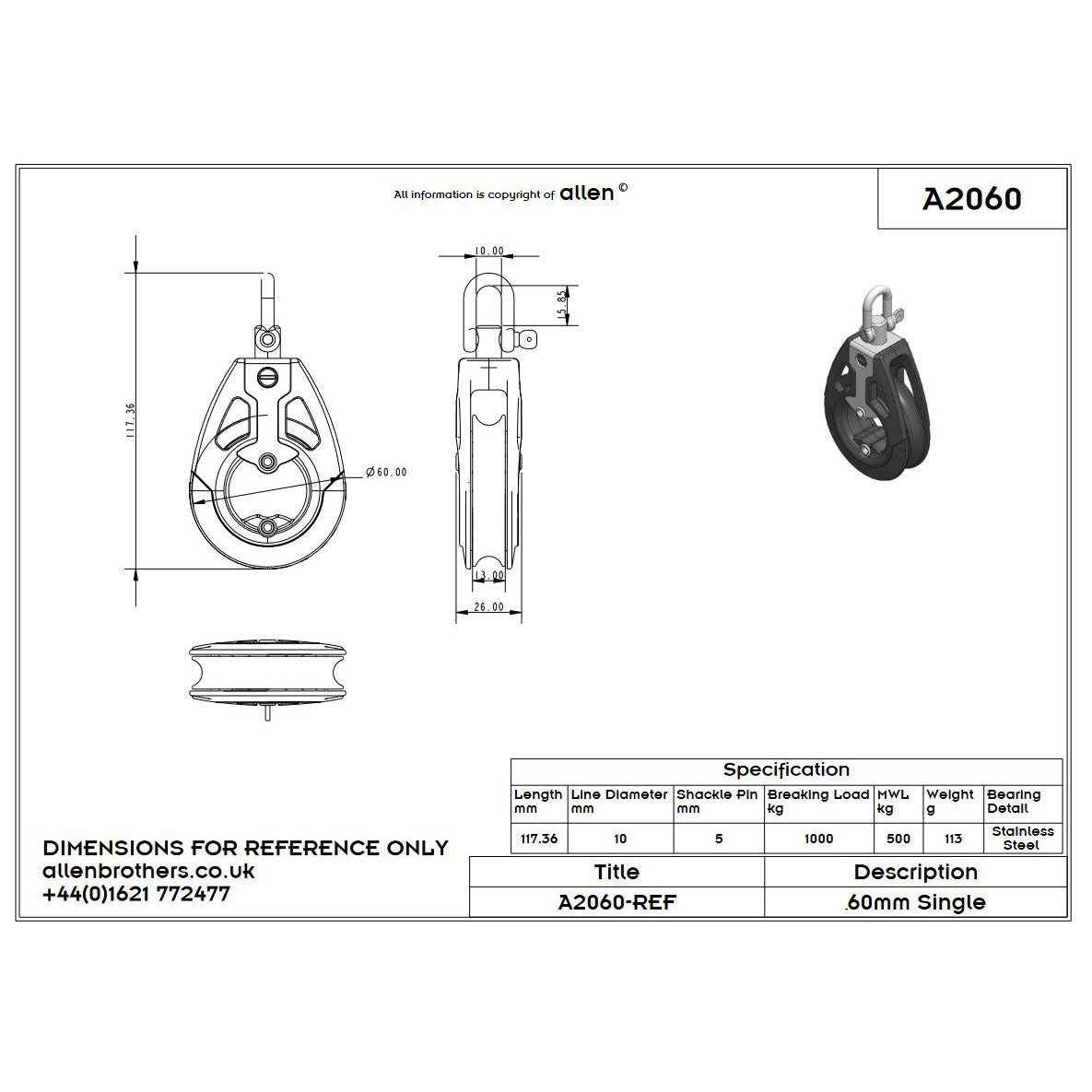 Allen 60mm Block, 1-scheibig, mit Wirbel Allen Brothers
