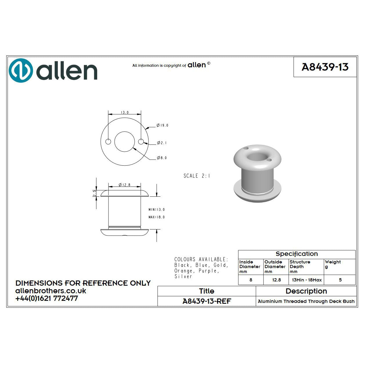 Allen Decksdurchführung (8mm), mit Gewinde