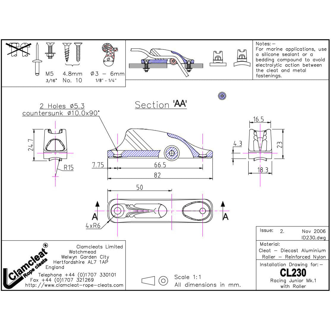 Clamcleat Tauklemme CL230 'Racing Junior' mit Rolle