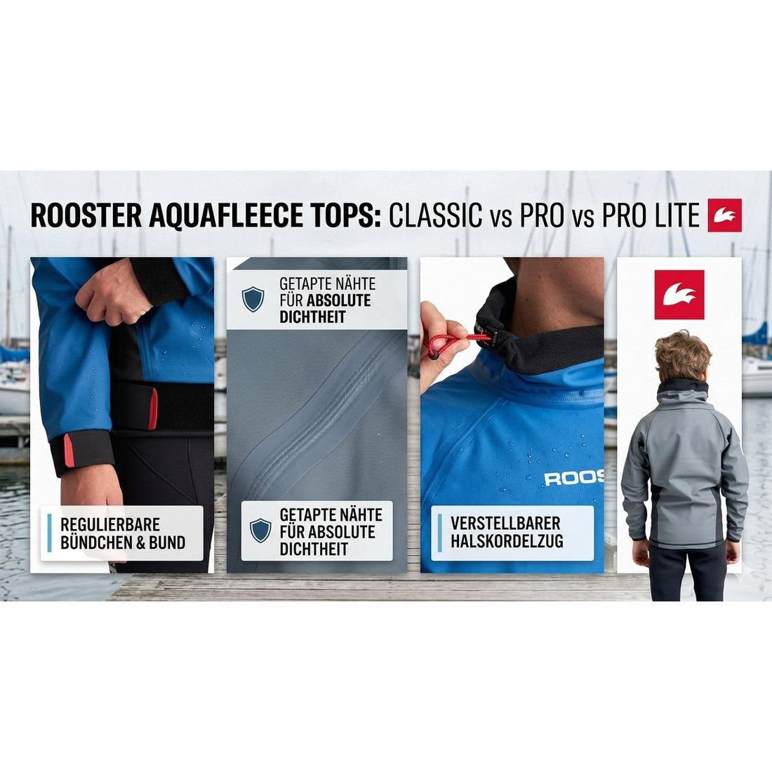 Vergleich der unterschiedlichen Aquafleece Tops von Rooster