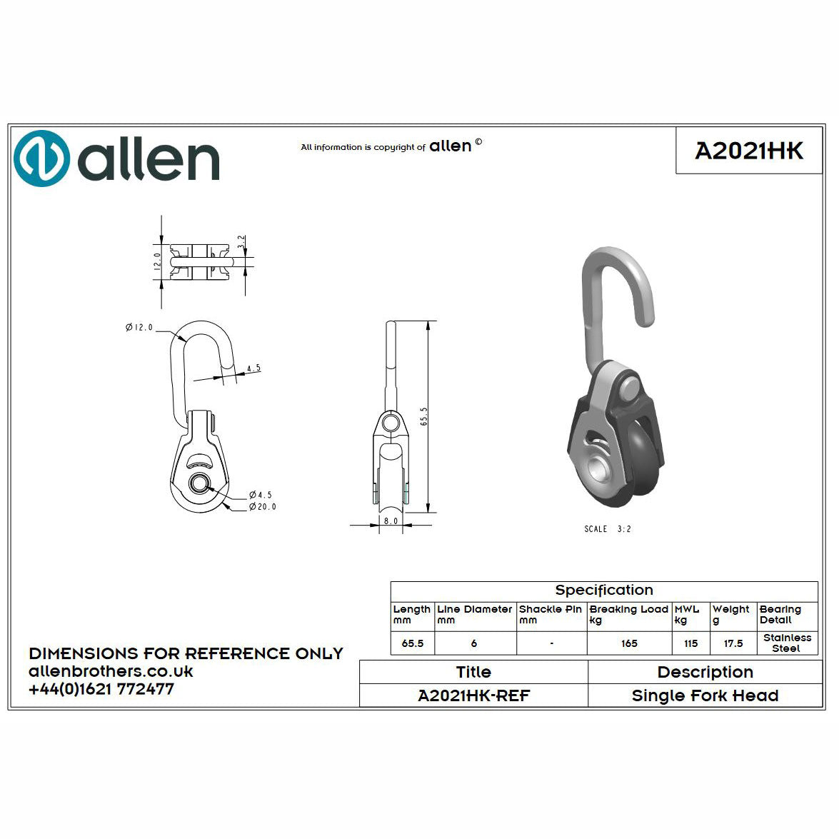 Allen 20mm Block, 1-scheibig, mit Haken-aquaequip.de