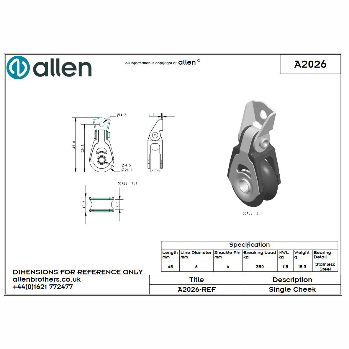 Allen 20mm Liegeblock, 1-scheibig (einseitig verschraubbar)-aquaequip.de