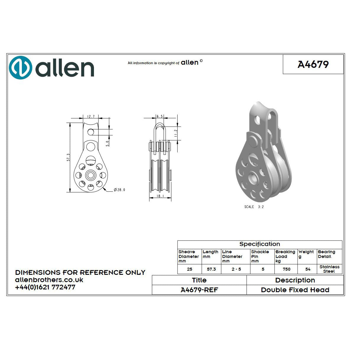 Allen 25mm Hochlastblock, 2-scheibig
