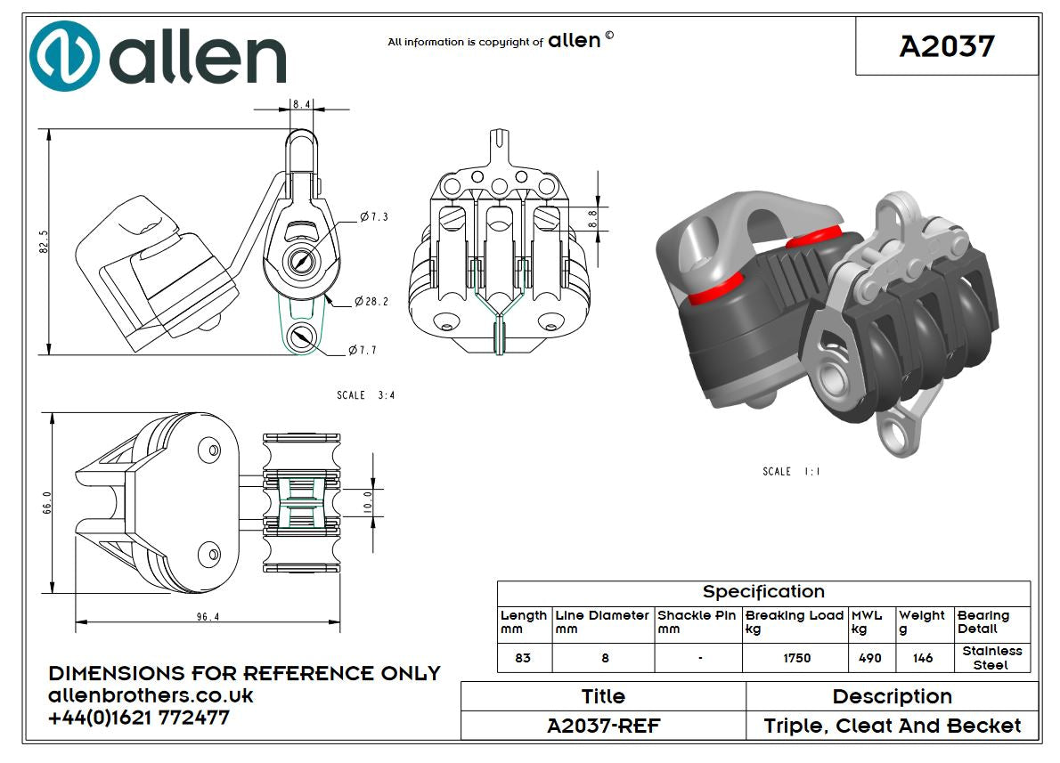 Allen 30mm Block, 3-scheibig, mit Curryklemme und Hundsfott