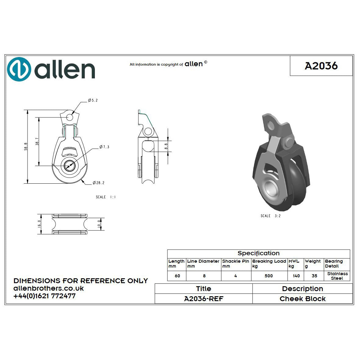 Allen 30mm Liegeblock, 1-scheibig (einseitig verschraubt)