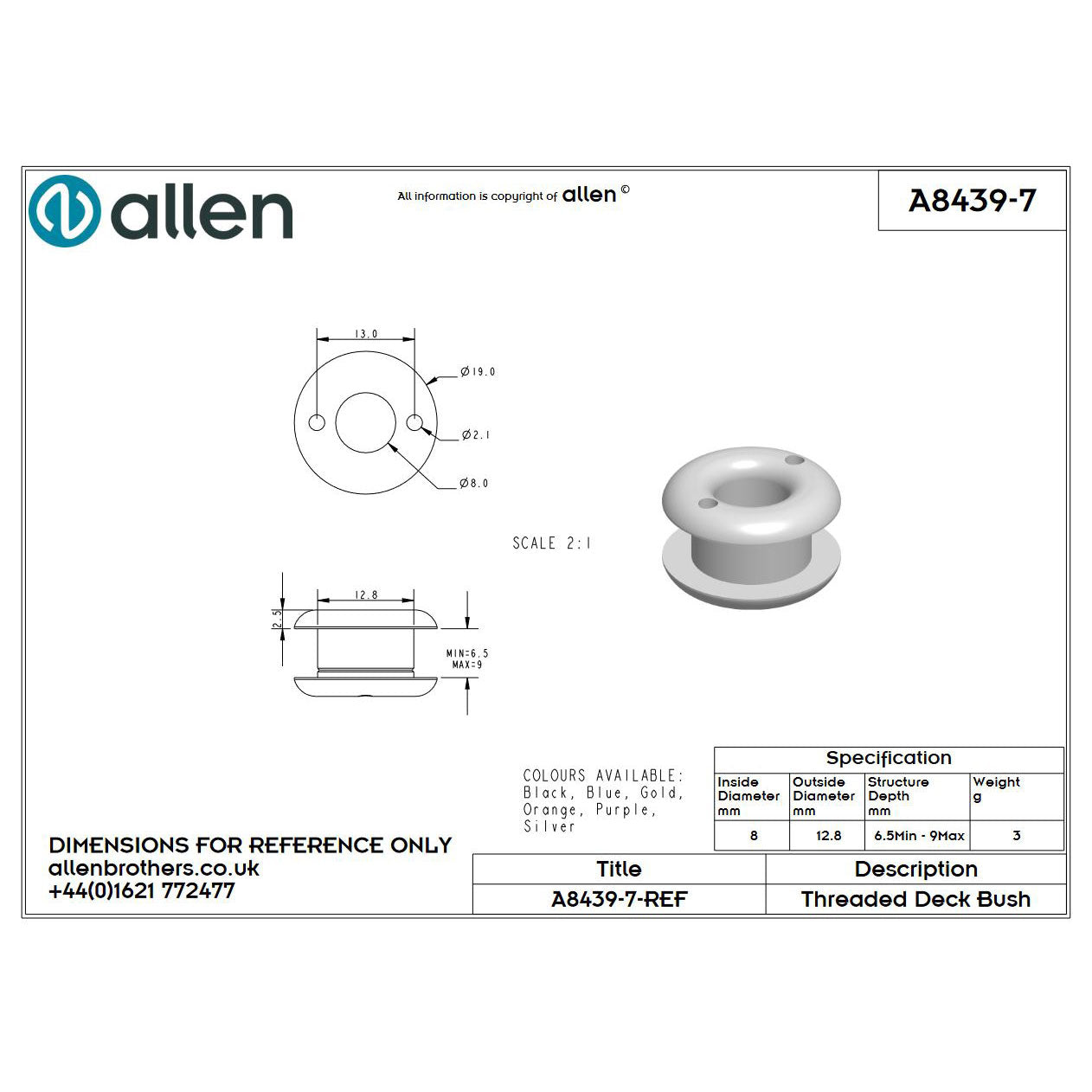 Allen Decksdurchführung (8mm), mit Gewinde