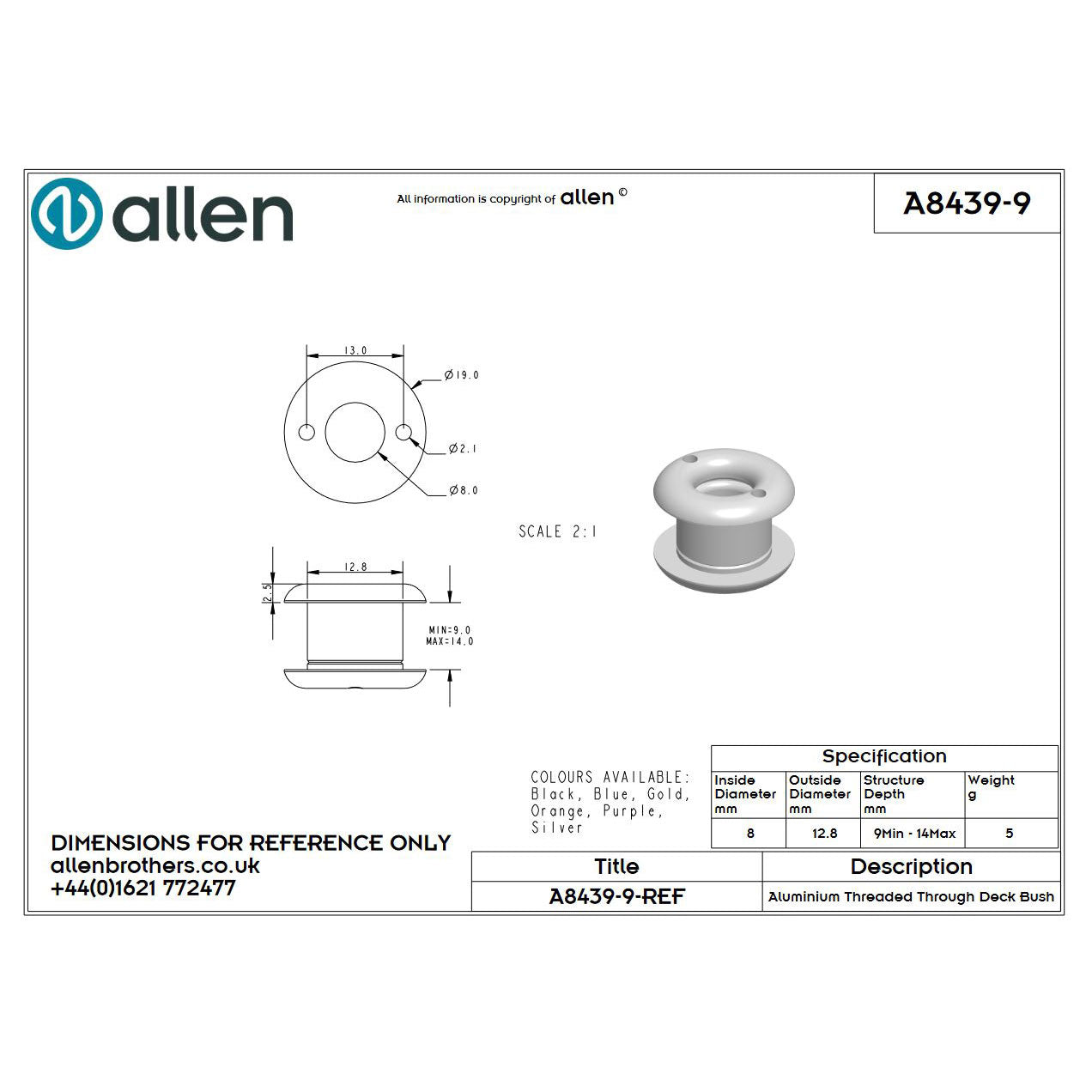 Allen Decksdurchführung (8mm), mit Gewinde