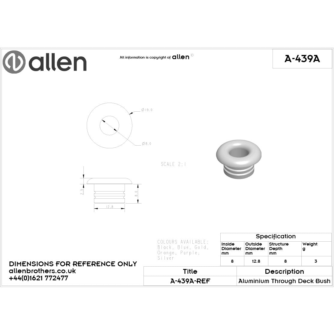 Allen Decksdurchführung, Aluminium (8mm)