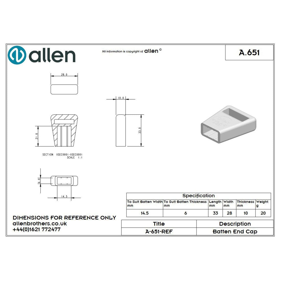 Allen Endkappe für Segellatten (14mm/mit Schlitz)